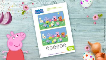 Abbildung mit zwei ähnlichen Bildern aus dem Mal- und Rätselspaß mit Peppa Pig – Finde die Unterschiede