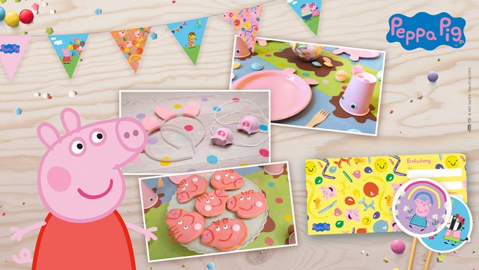 Abbildungen von verschiedenen tollen Peppa Pig Geburtstagsideen, Dekorationen und Snacks
