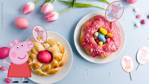 Peppa Pig Hefekränze mit bunten Zuckereiern an Ostern.