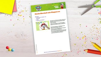 Auszug aus der Spielanleitung zum PAW Patrol Mini-Spiel „Marshalls Wappen anstecken”