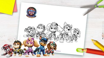 Vorlage für ein Gruppen-Ausmalbild zum Film „PAW Patrol: Der Mighty Kinofilm”
