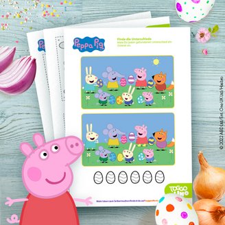 Zwei Beispiele aus der tollen Peppa Pig Oster-Sammlung mit Malvorlagen und Rätseln