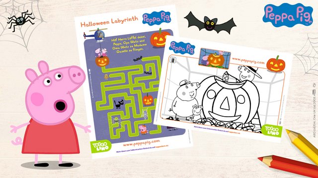 Zwei Beispiele aus der tollen Peppa Pig Halloween-Sammlung mit Malvorlagen und Rätseln