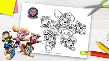 Vorlage für ein Gruppen-Ausmalbild (PAW Patrol im Sprung) zum Film „PAW Patrol: Der Mighty Kinofilm”