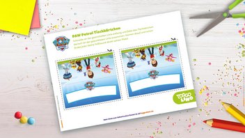 Blaue PAW Patrol Geburtstags-Tischkarte zum Ausdrucken und Ausschneiden