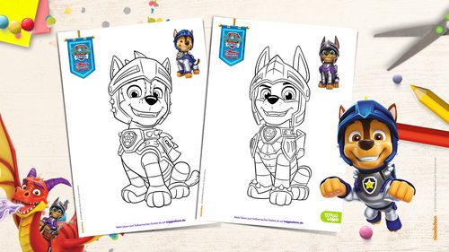 Zwei Druckvorlagen aus der PAW Patrol Rescue Knights Ausmalbilder-Sammlung – Ritter Klaue und Ritter Chase