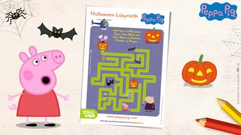 Das gruselige Peppa Pig Halloween Labyrinth-Spiel – Hilf Herrn Löffel dabei, Peppa, Opa Wutz und Oma Wutz zu Madame Gazelle zu fliegen.