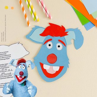blaue woozle goozle einladungskarte mit beweglichen Augen und roter Nase