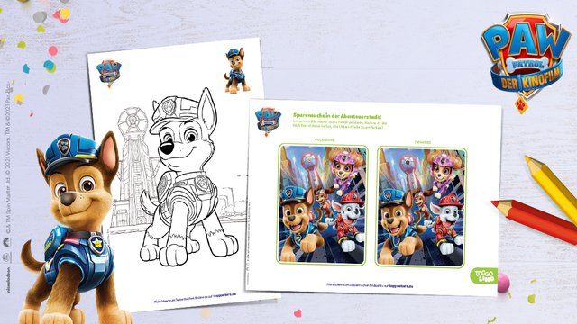Zwei Beispiele aus der tollen PAW Patrol Rätsel- und Malspaß-Sammlung zum Kinofilm