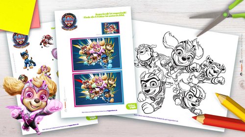Einige Beispiele aus der Sammlung von Ausmalbildern und Rätseln zu „PAW Patrol: Der Mighty Kinofilm”