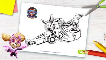 Ausmalbild-Vorlage von Skye im Flugzeug zu „PAW Patrol: Der Mighty Kinofilm”