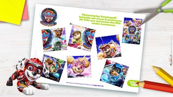 PAW Patrol Puzzle zu „PAW Patrol: Der Mighty Kinofilm” – Pfotenstarker Puzzlespaß! Schneide mit einem Erwachsenen die Teile aus und puzzle das Bild wieder zusammen. 