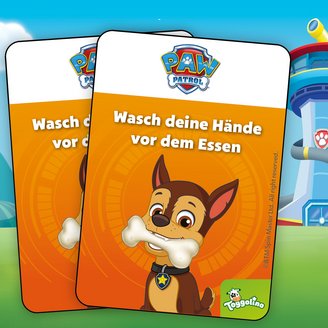 Drei bunte Karten aus dem PAW Patrol Memo-Kartenspiel mit Tipps zum Thema Händewaschen