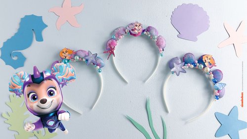 Meerjungfrauen-Krone mit Aqua-Hunden der Paw Patrol zum Selberbasteln.