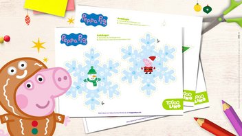 Bastelvorlage für weihnachtliche Peppa Pig Schneeflocken-Anhänger zum Ausschneiden