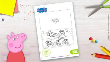 Bastelvorlage für eine tolle Peppa Pig Osterkarte zum Ausschneiden und Ausmalen 