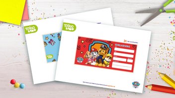 Bunte PAW Patrol Geburtstagseinladung zum Ausdrucken und Ausschneiden