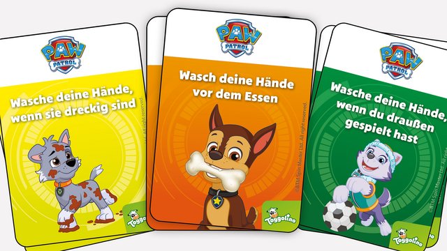 Drei bunte Karten aus dem PAW Patrol Memo-Kartenspiel mit Tipps zum Thema Händewaschen