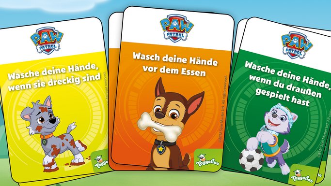 Drei bunte Karten aus dem PAW Patrol Memo-Kartenspiel mit Tipps zum Thema Händewaschen