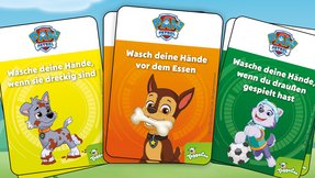 Drei bunte Karten aus dem PAW Patrol Memo-Kartenspiel mit Tipps zum Thema Händewaschen