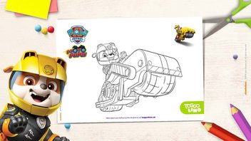 PAW Patrol Moto Pups Ausmalbild zum Ausdrucken – Rubble auf einem Motorrad