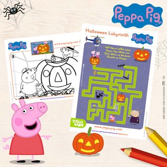 Zwei Beispiele aus der tollen Peppa Pig Halloween-Sammlung mit Malvorlagen und Rätseln