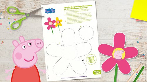Süße Peppa Pig Blumenkarte zum Selbstgestalten für den Muttertag