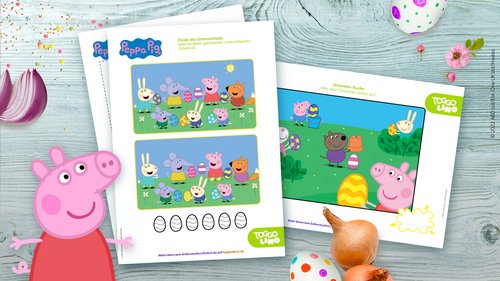 Zwei Beispiele aus der tollen Peppa Pig Oster-Sammlung mit Malvorlagen und Rätseln