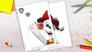 Die Vorlage zum Ausdrucken für das PAW Patrol Mini-Spiel „Marshalls Wappen anstecken”