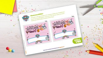 Rosa PAW Patrol Geburtstags-Tischkarte zum Ausdrucken und Ausschneiden
